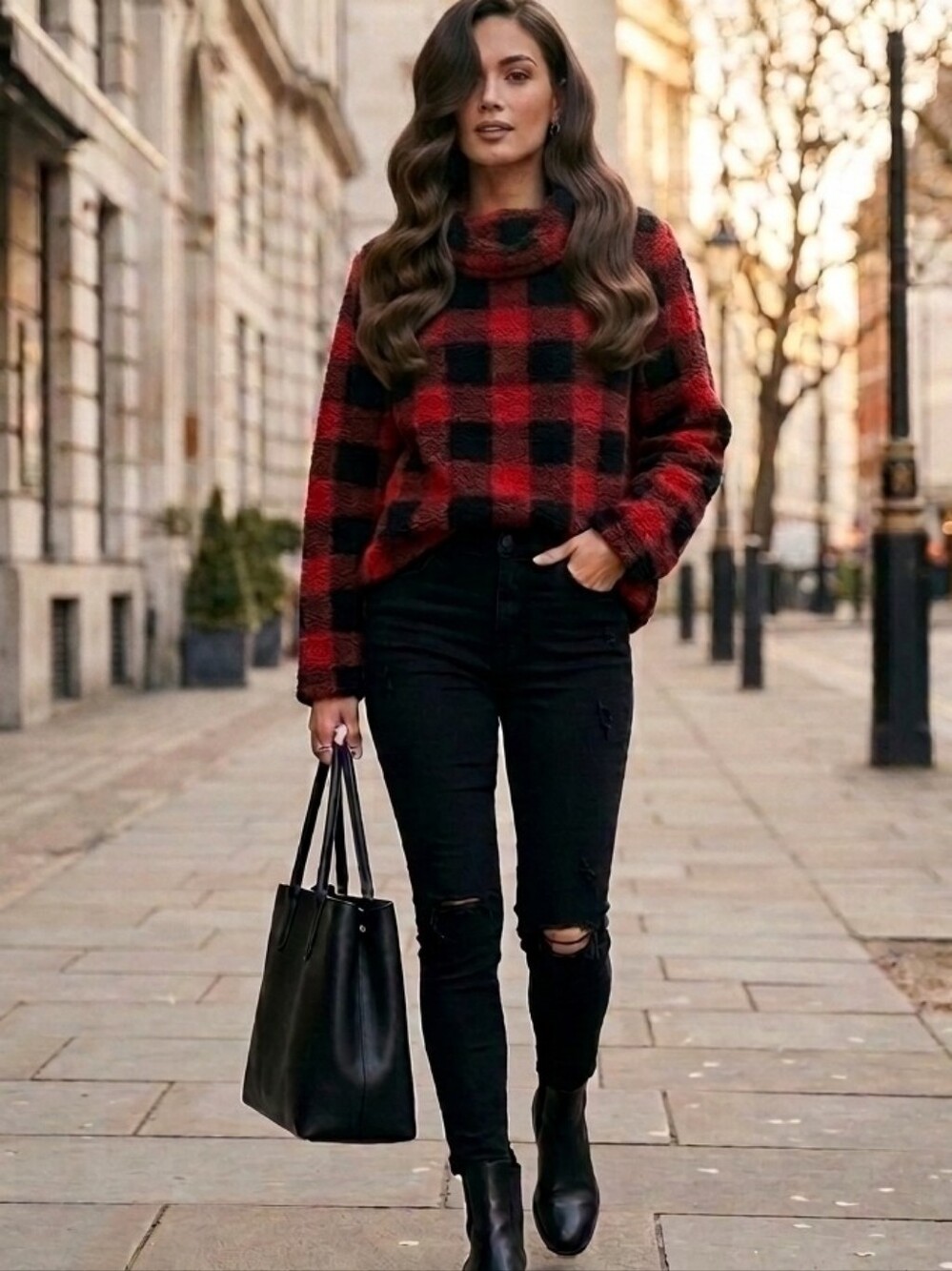 Style & Co. Red and Black Plaid Cowl Neck Sweater